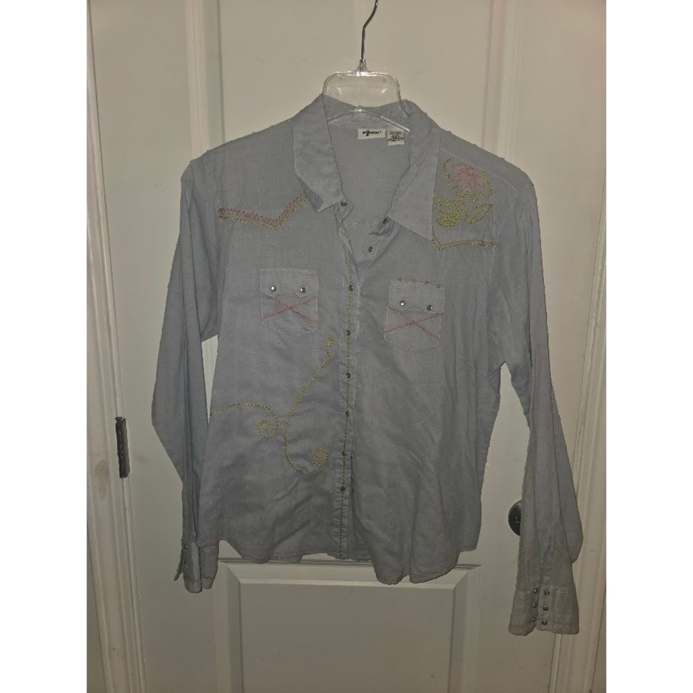 Punch Womens XL Blue Swiss Dot Western Snap Shirt Floral Embroidery Long Sleeve